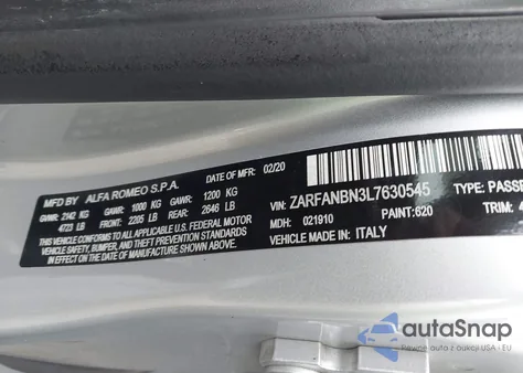 2020 Alfa Romeo Giulia Ti Awd from USA, damaged, VIN ZARFANBN3L7630545